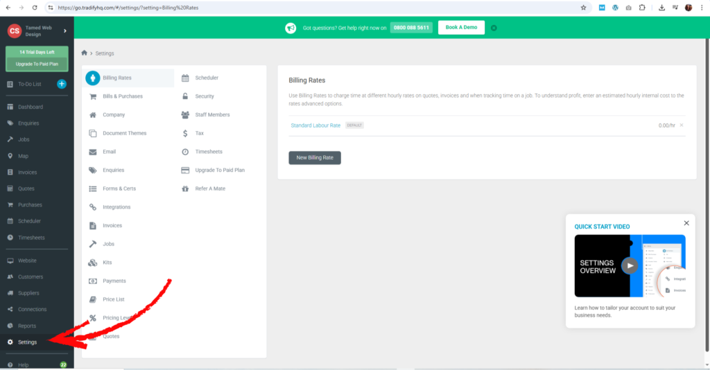 Tradify Dashboard Settings